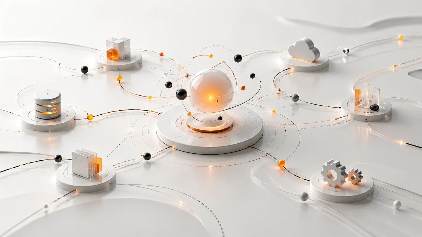 Abstract visualization of connected AI agents and workflow automation expertise.