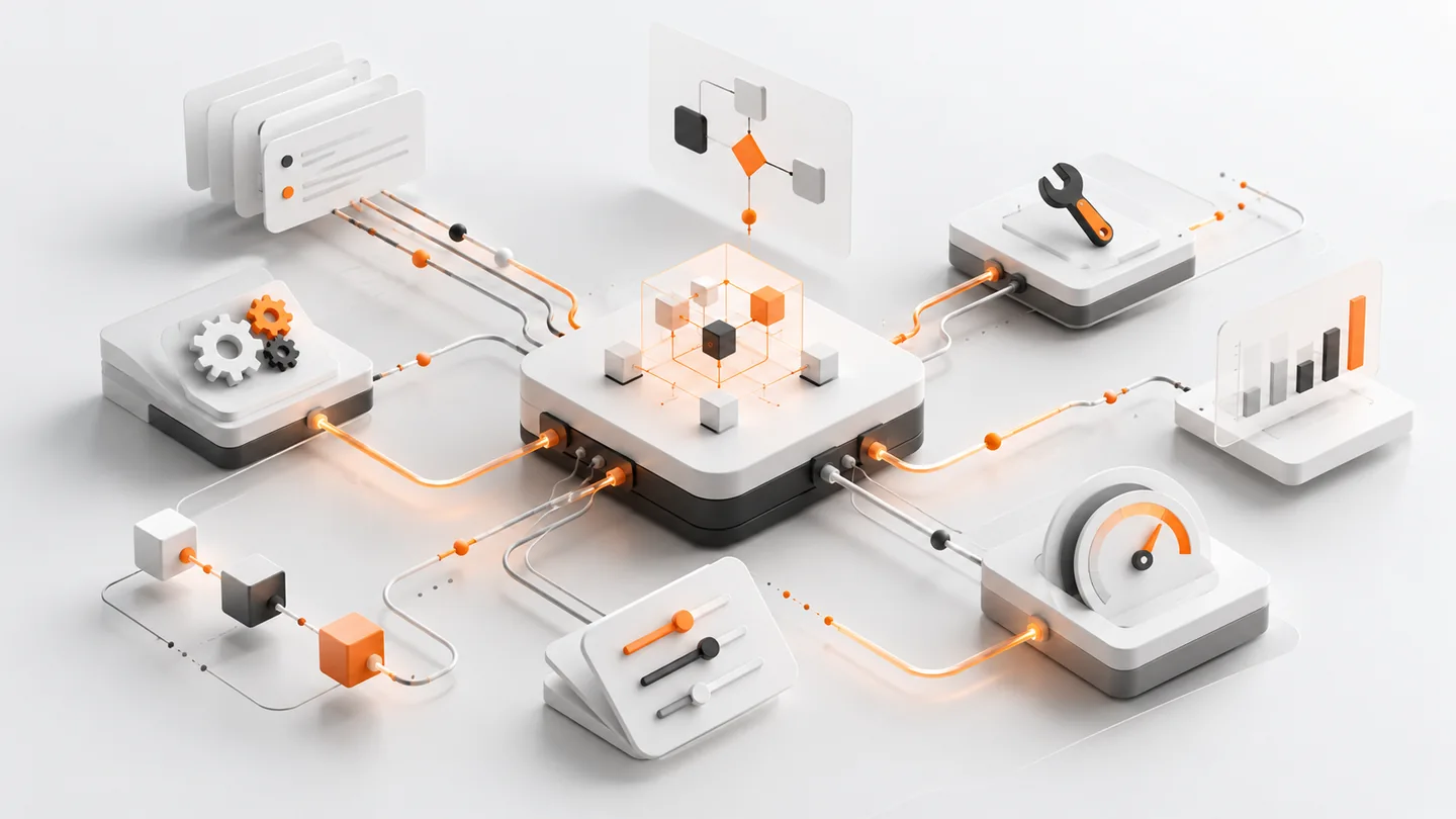Abstract visualization of workflow development services, system building and optimization.