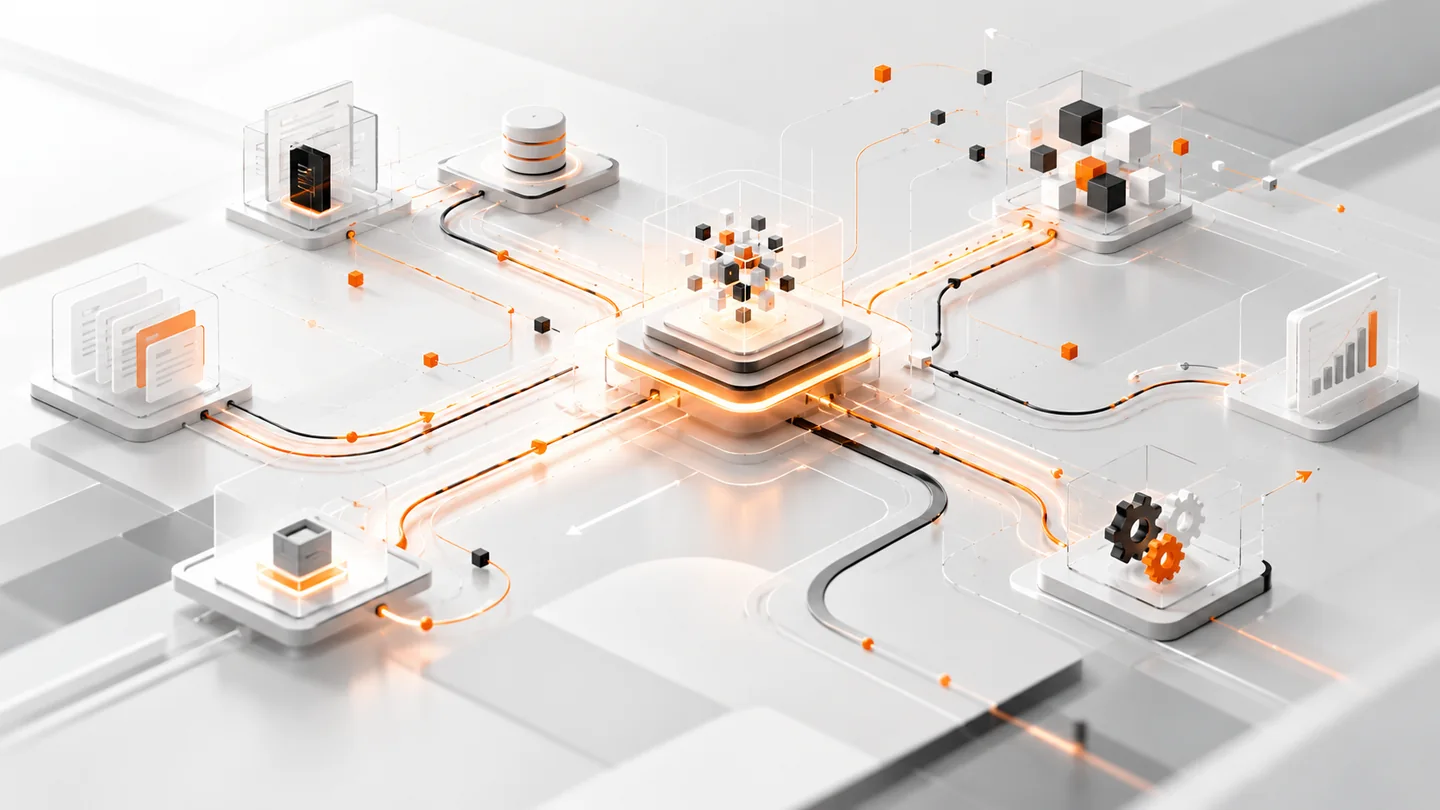 Abstract visualization of autonomous AI solutions and connected workflows.