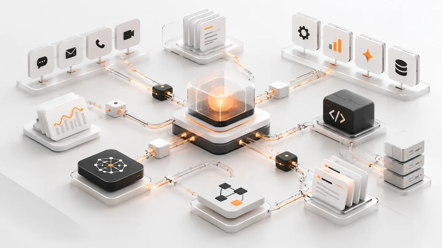 Abstract visualization of AI tools, apps and integrations working together.